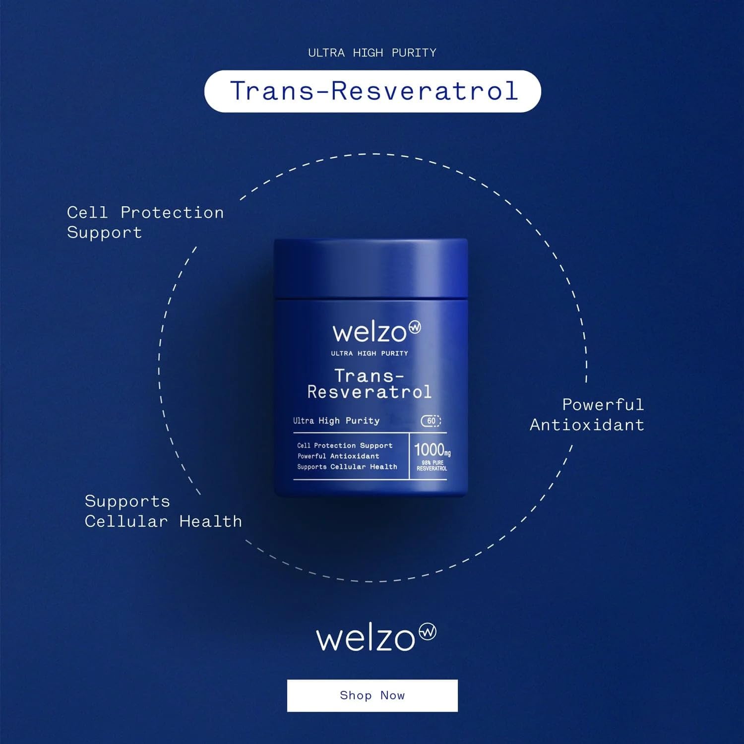 Welzo Ultra-Hochreines Trans-Resveratrol 1000mg Kapseln | 98% Standardisierter Japanischer Staudenknöterich-Extrakt | Vegetarische Kapseln | 60 Stück