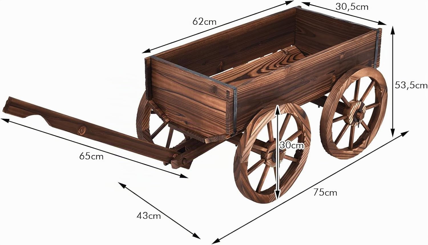 GOPLUS Blumenwagen Holz, Pflanzwagen mit 4 Rädern, Pflanzschubkarre mit Verstellbarer Griff, Pflanztopf Garten mit Ablauflöchern, Bollerwagen Schubkarre Blumenkarre Gartendeko Outdoor, 120x43x53,5 cm