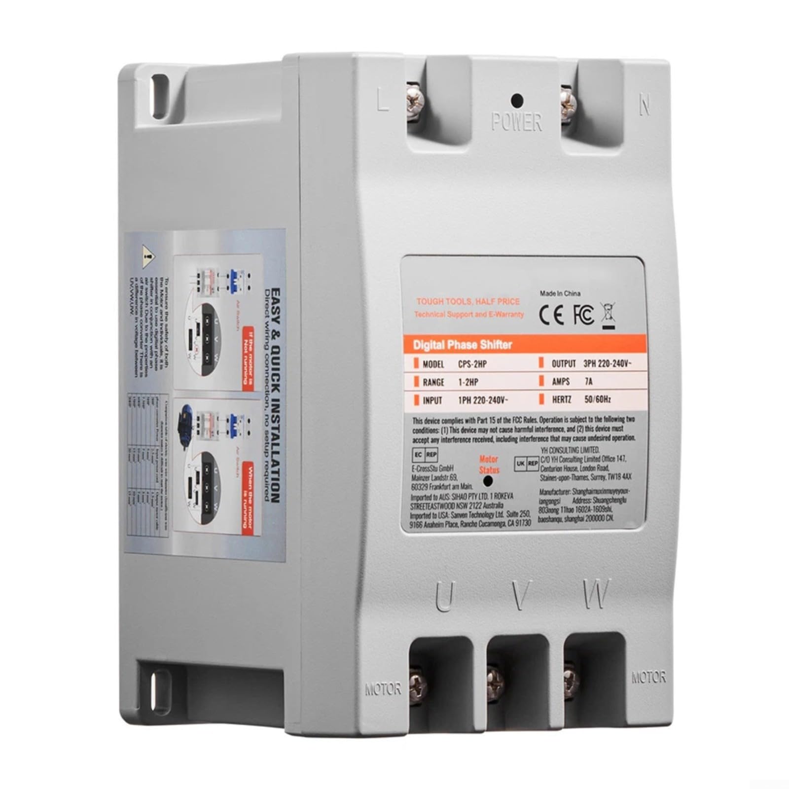Digitaler Phasenumrichter 2HP 7A, Einphasig auf Dreiphasig 220V-240V Frequenzumrichter für Motoren, Kompakter Drehstromwandler mit Überlastschutz für Werkstatt und Gewerbe, Modell CPS-2HP