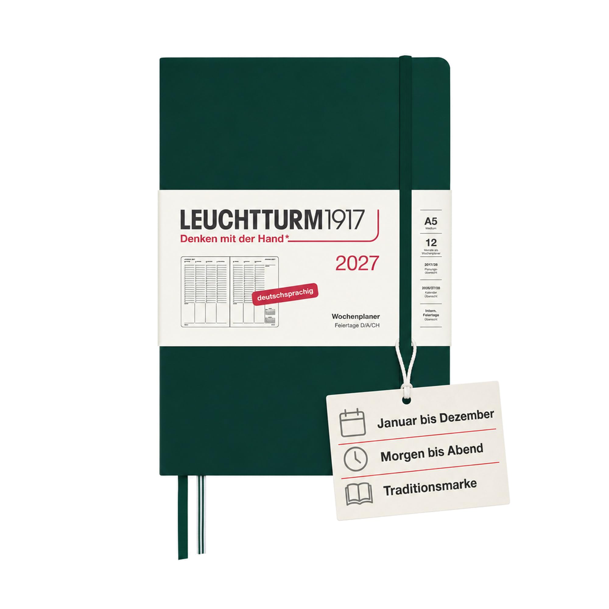 LEUCHTTURM1917 Weekly Planner 2027 Medium (A5) - German, Forest Green, 210 x 145 mm, January-December (12 Months), Weekly Overview with Hour Grid 7:00-22:00 per Column, Hard Cover, 80 g/m² Paper — image 1
