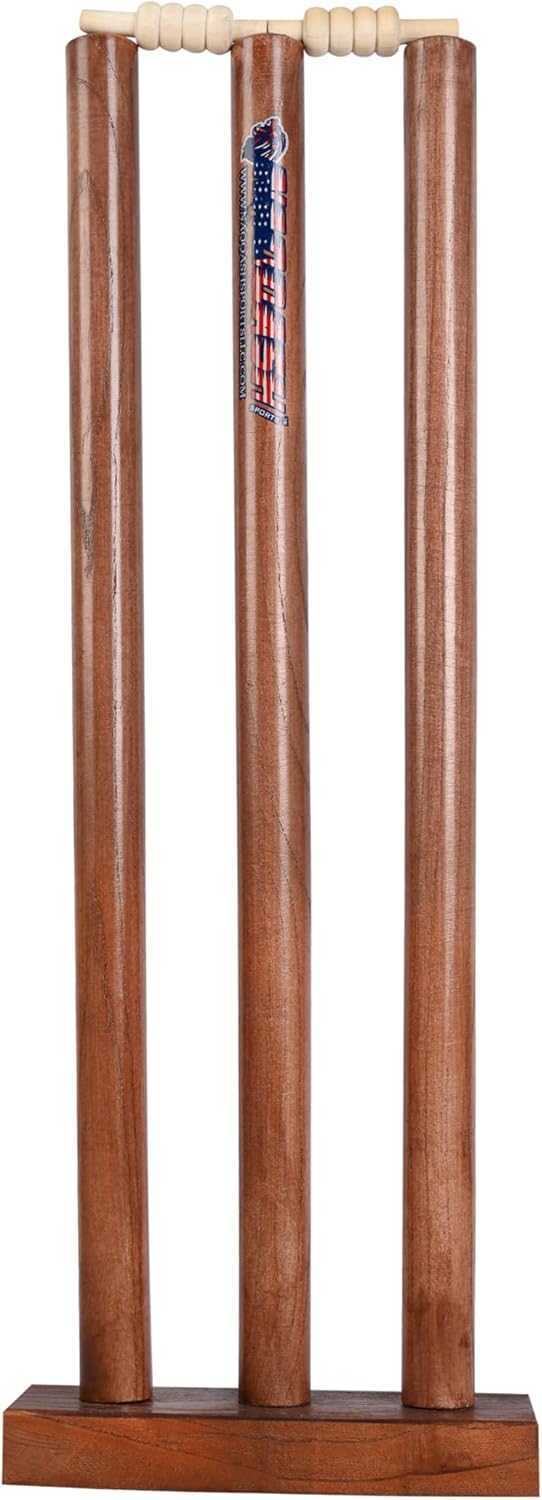 Wooden Cricket Wicket Stumps Multi-Surface Placement with Wood Base. 3 Wickets and 2 Bails