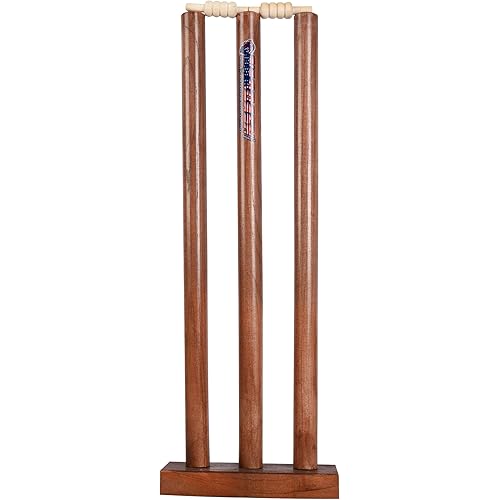 Wooden Cricket Wicket Stumps Multi-Surface Placement with Wood Base. 3 Wickets and 2 Bails
