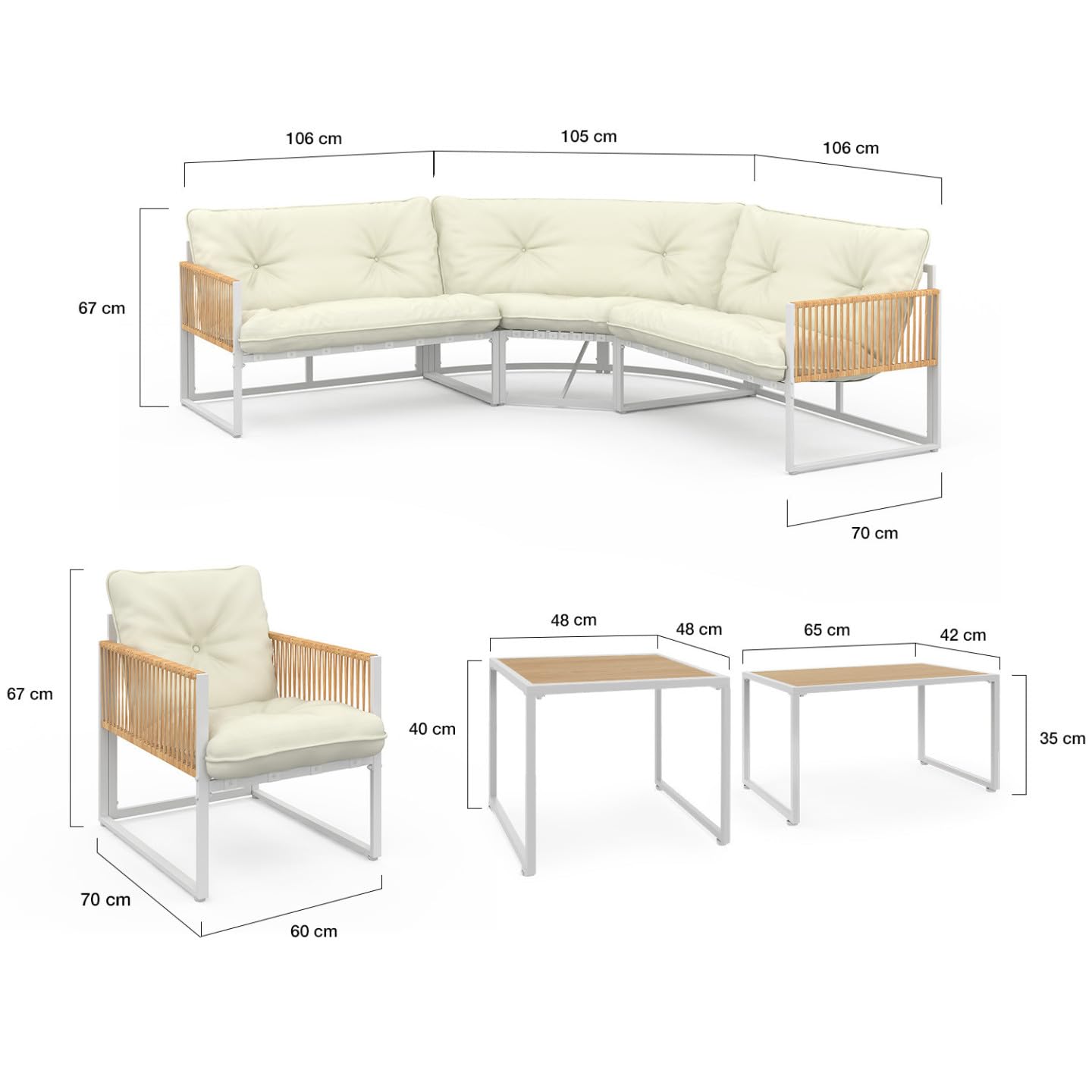 IDMarket - Juego de muebles de jardín bajo Rio de 8 plazas, estructura de metal blanco y cuerda efecto ratán con cojines beige