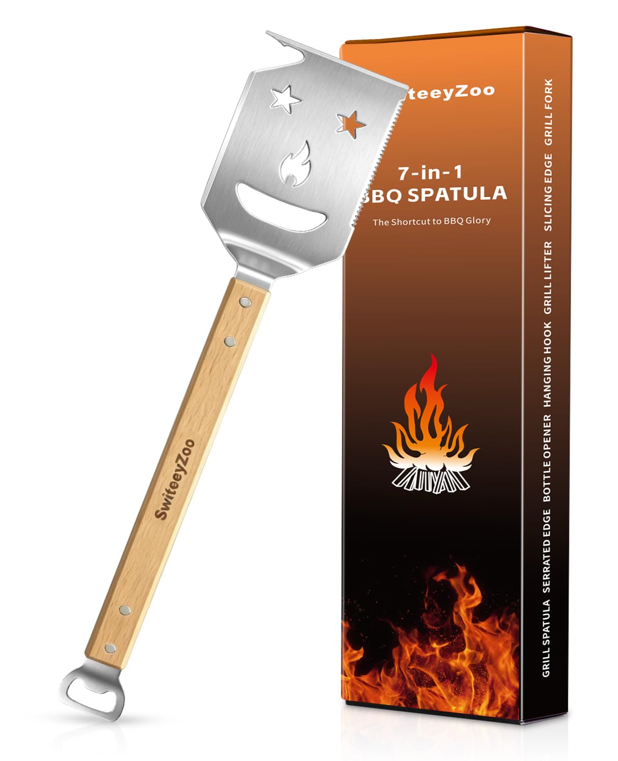 7 in 1 Multifunction BBQ Spatula Outdoor Barbecue Tools for Men- Stainless Steel Grill Accessories with Wooden Handle, Best BBQ Gifts for Men Dad