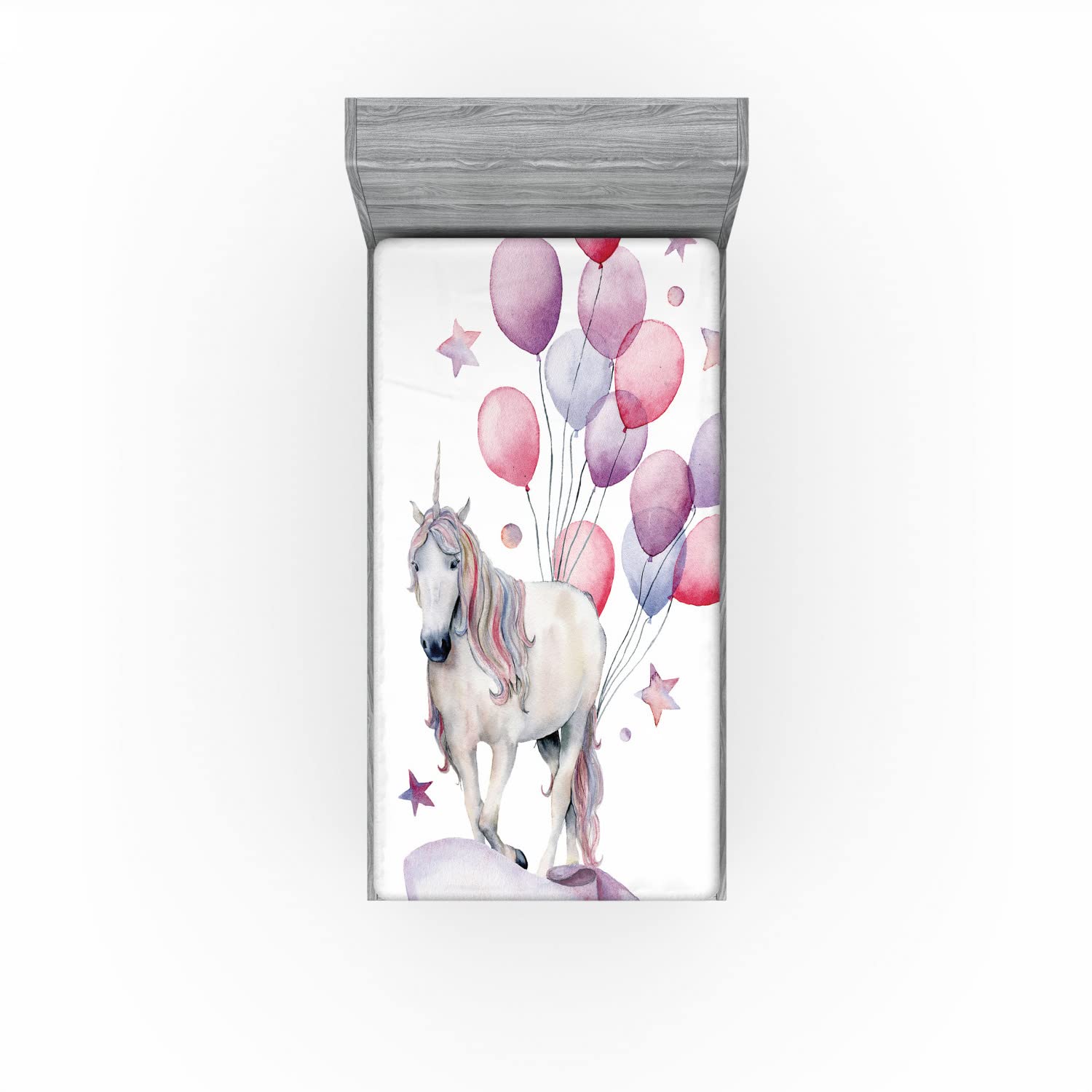 Ambesonne Carnival 2 Pack Fitted Sheet, Unicorn and Balloons Stars, Bed Cover All-Round Elastic Deep Pockets 2 Pieces, Package Contains 2 Twin XL Size Fitted Sheets, Pink Purple