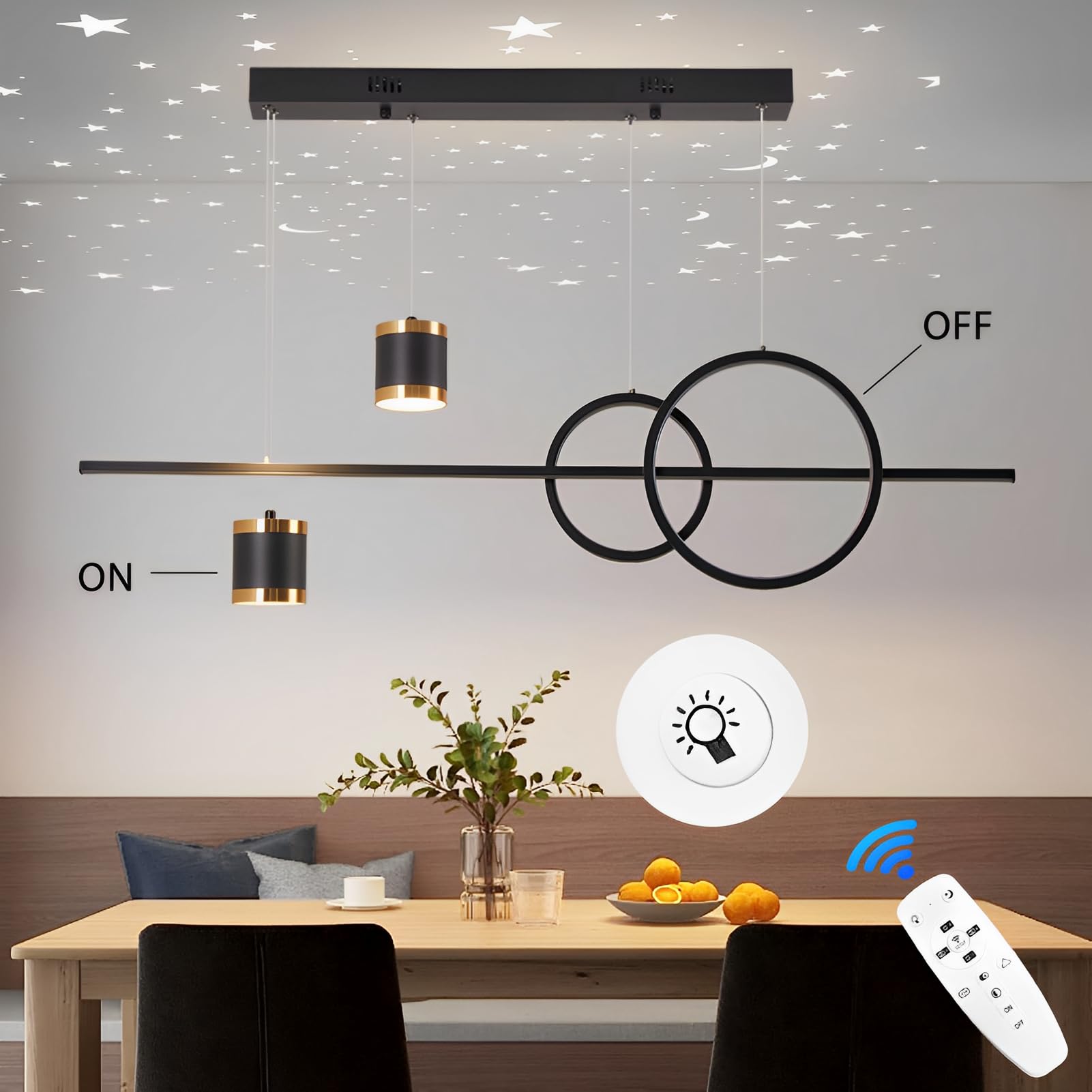LED Pendelleuchte Esstisch Hängelampe Wohnzimmer Modern 49W Sternenhimmel Konvergiert Kronleuchter Dimmbare Hängeleuchte mit Fernbedienung Esszimmerlampe 120cm Höhenverstellbar,Schwarze