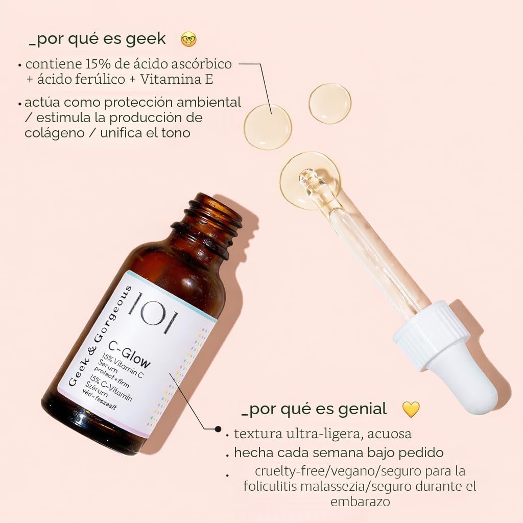 Geek & Gorgeous - C-Glow – Suero con 15% vitamina C + ácido ferúlico y vitamina E, protege contra el daño ambiental, estimula el colágeno e iguala el tono de piel – todos los tipos de piel, pack dúo