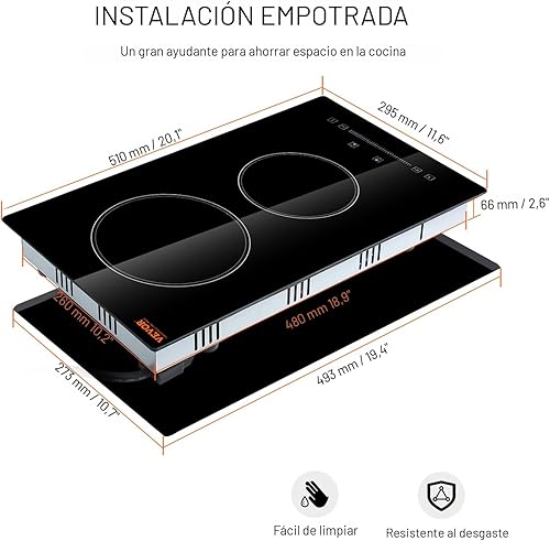 Miniatura 6 de VEVOR Estufa eléctrica integrada, 12 pulgadas, 2 quemadores, placa de cocina de cerámica radiante de vidrio con control táctil sensor, temporizador