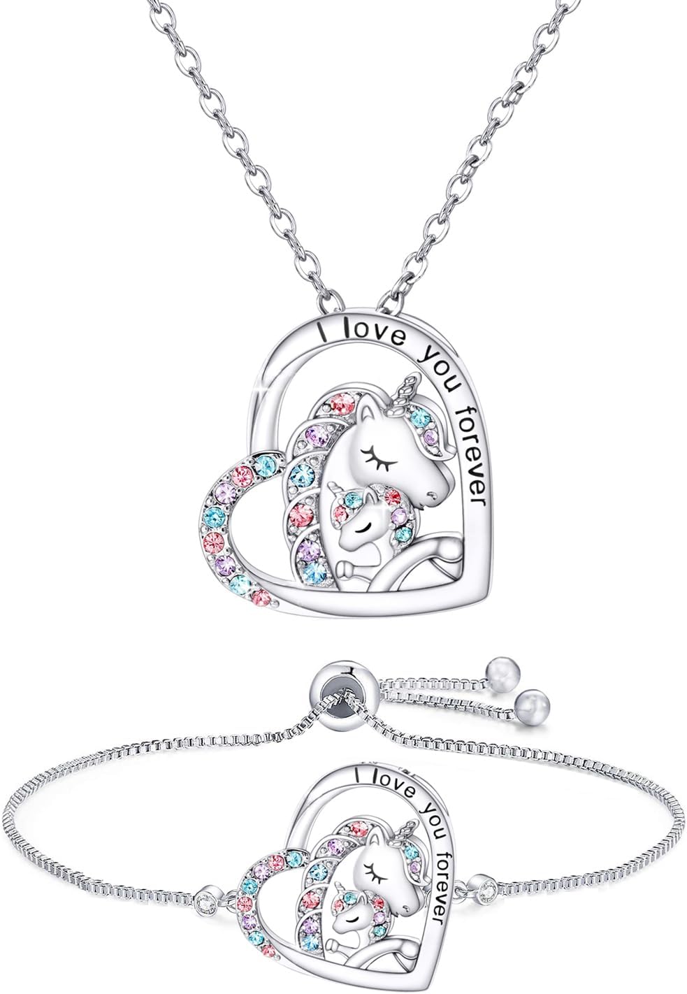 I Love You Forever Jewelry Set for Girls Necklace and bracelet Crystal Heart Pendant Necklaces Gifts For Girls Daughter Granddaughter Niece Birthday Christmas