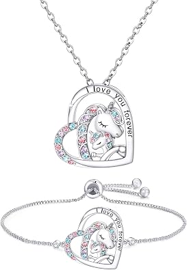 M&Ostyle I Love You Forever Unicorn Jewelry Set for Girls Necklace and bracelet Crystal Heart Pendant Necklaces Gifts For Girls Daughter Granddaughter Niece Birthday Christmas