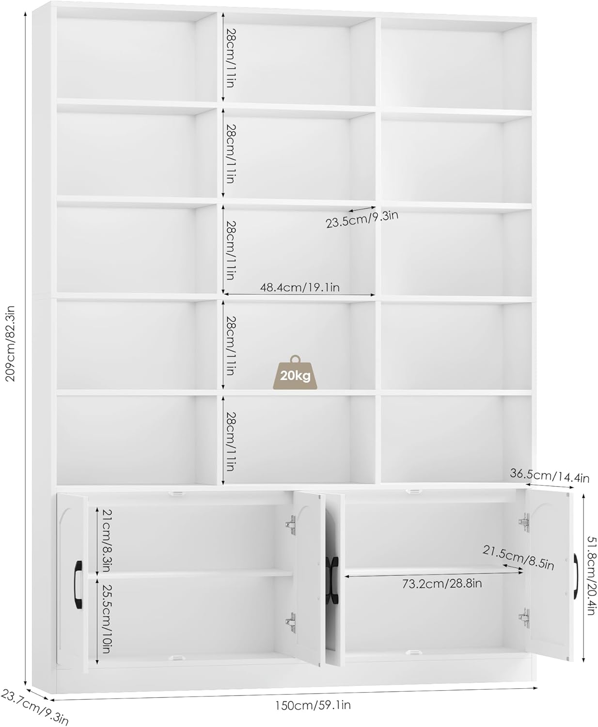 FACBOTALL 82.3" Triple Wide Bookshelf, 7-Tier Tall Bookcase with 15-Cube Open Bookshelf & 4 Doors, Large Bookshelf with Storage Cabinet, Modern Bookshelf for Living Room, Office, Study Room, White
