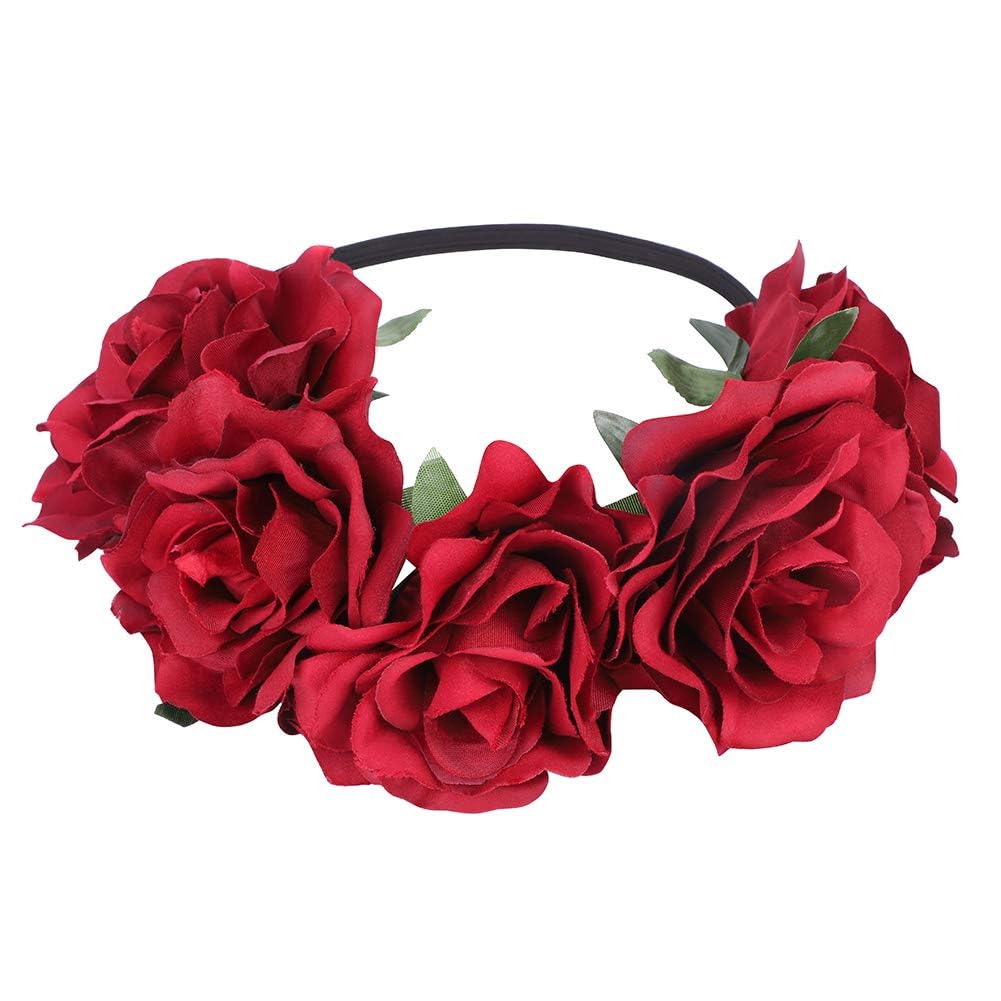 AKOAK 1 Pack Rose Crown Hair Garland, Mexican Bohemian Flower Headband for Women Girls, Wedding Headwear, for Weddings, Cosplay, Travel, Beach, Photos, Parties (Red) - Image 2