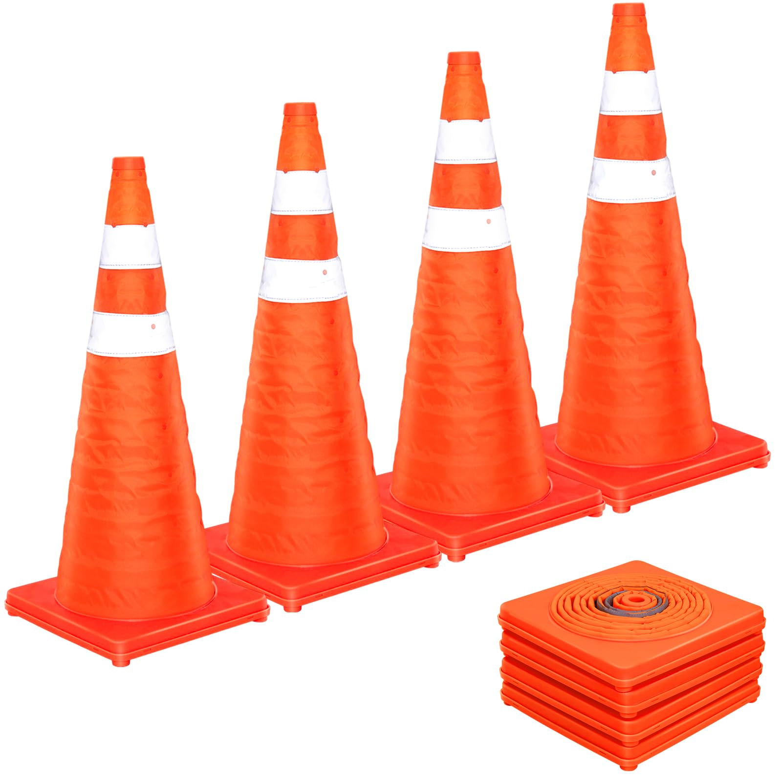Collapsible Traffic Cones 28 Inch 4 Pack, Traffic Safety Cones, Orange Traffic Cones, Collapsible Safety Cones with Reflective Collars, Parking Cones for Drivers Training Parking Lots