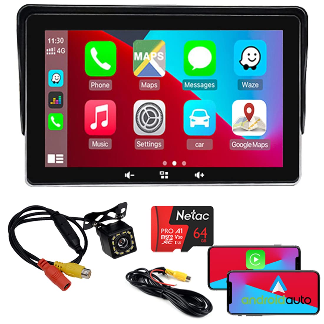 CP702 7in 2.5D IPS HD Touch Screen + 12LED (2.5mm) Fotocamera + 64GB SD Card Display Auto Universale Portatile Bluetooth 5.0 Wireless CarPlay Android Auto Mirrorlink