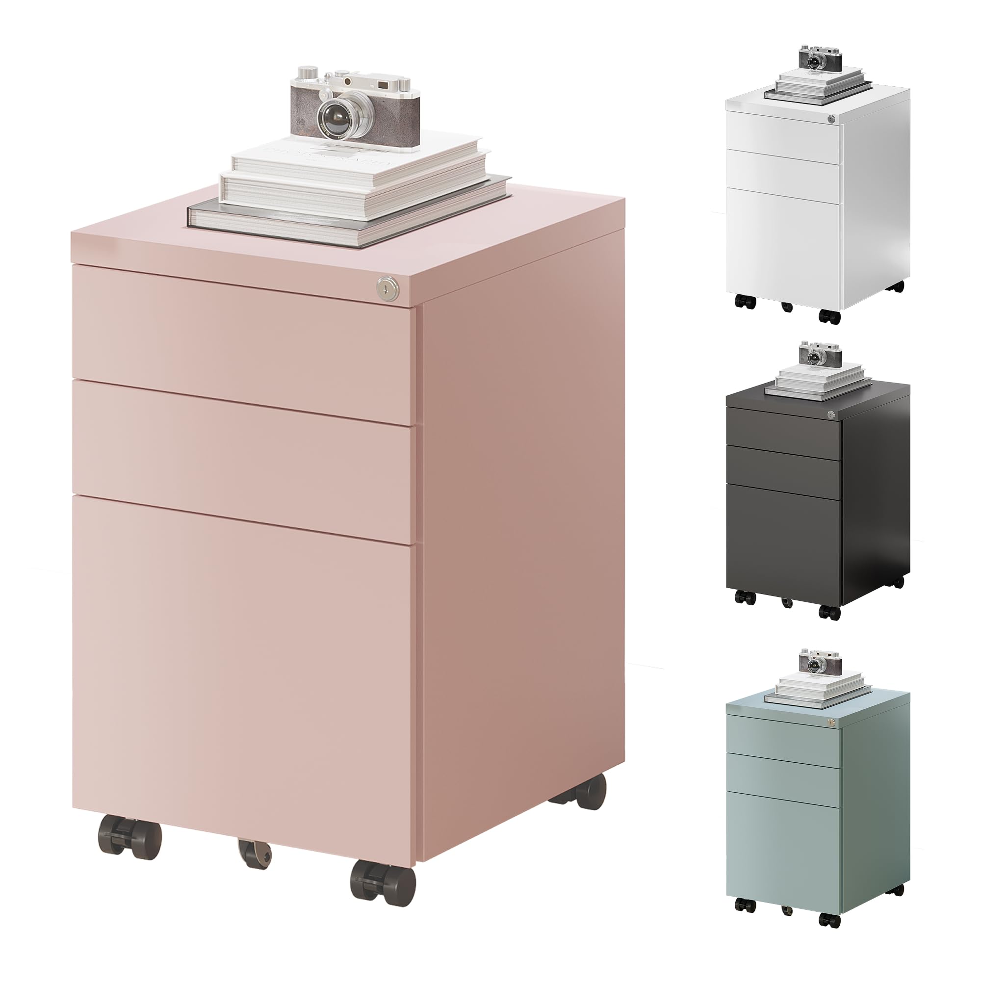 FlexiSpot schedario con 3 cassetti, cassettiera da ufficio rosa con ruote, armadietto con serratura e sistema anti-ribaltamento, mobiletto porta documenti per casa e ufficio