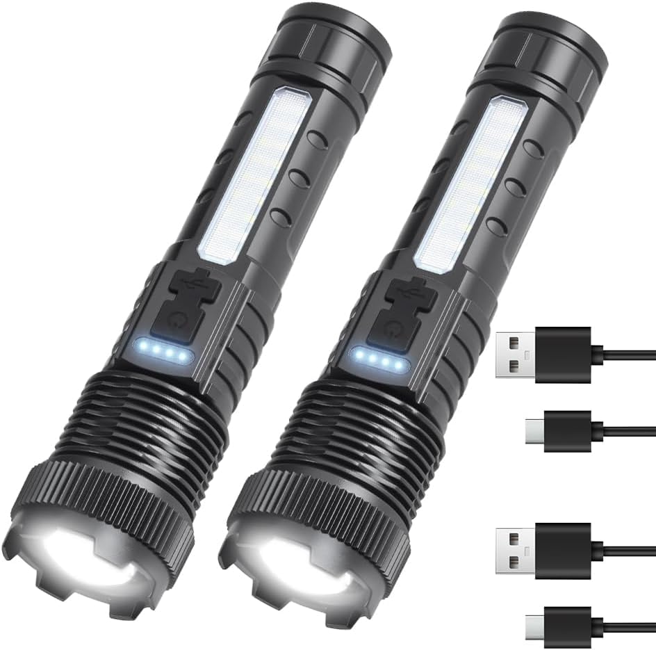 2 Pack Rechargeable Flashlights Super Bright LED Flashlight Zoomable Handheld Flashlights 6 Lighting Modes Tactical Flashlights with Clip for Indoor Outdoor Home Emergency Camping Flashlight
