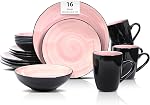 16 Piece Dinnerware Set, Black + Grey Spot Spin Wash, 4 Person Plates and Bowls Sets Ceramic, Microwave and Dishwasher Safe Stoneware