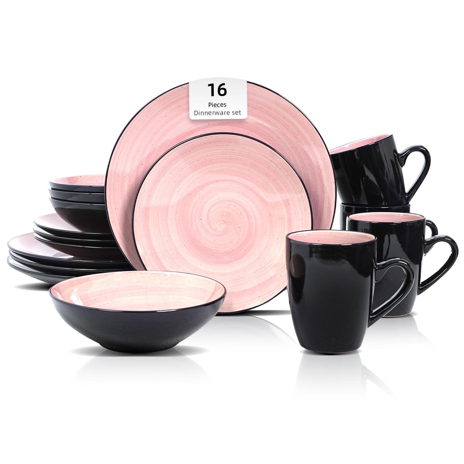 HomeVSS Sonoma Service de table 16 pièces en grès extérieur noir + intérieur peint à la main couleur rose