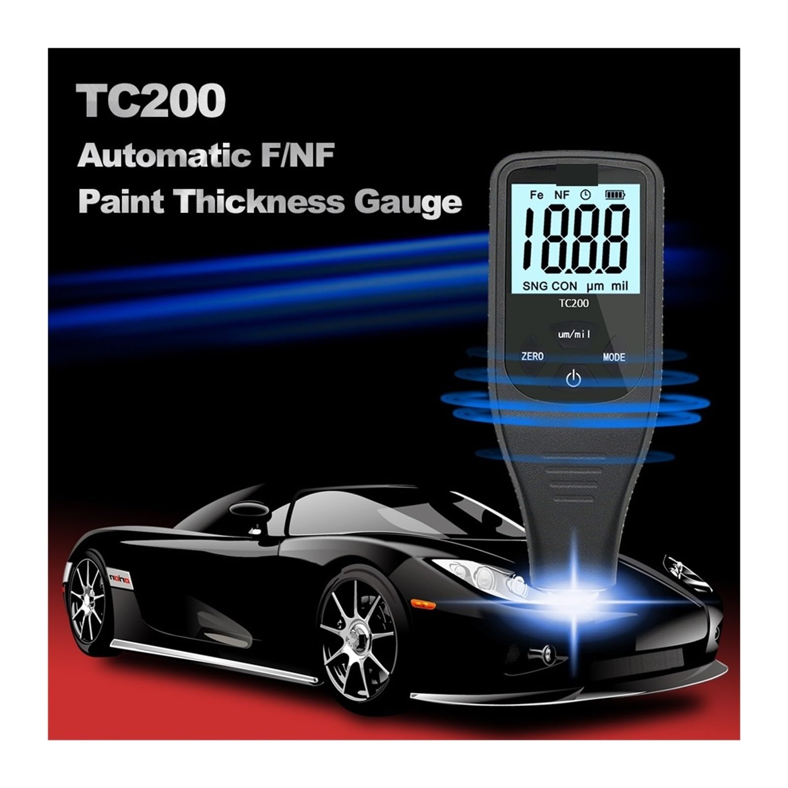 Miernik grubości powłoki TC200 Podświetlenie LCD Pomiar folii Kompozytowy miernik grubości lakieru samochodowego Fe/NF(Red)