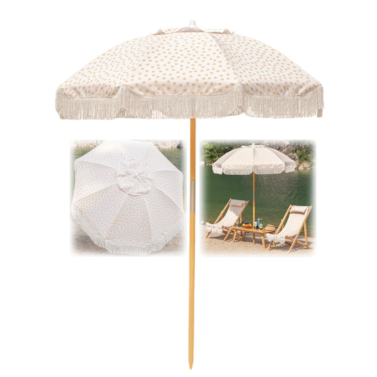WDSOPK Patio Umbrellas with Fringe,Outdoor Tilt Beach Umbrella,Holiday Umbrellas,Vintage Garden Parasol,UPF 50+ Canopy,8 High Wind Proof Fiberglass Ribs