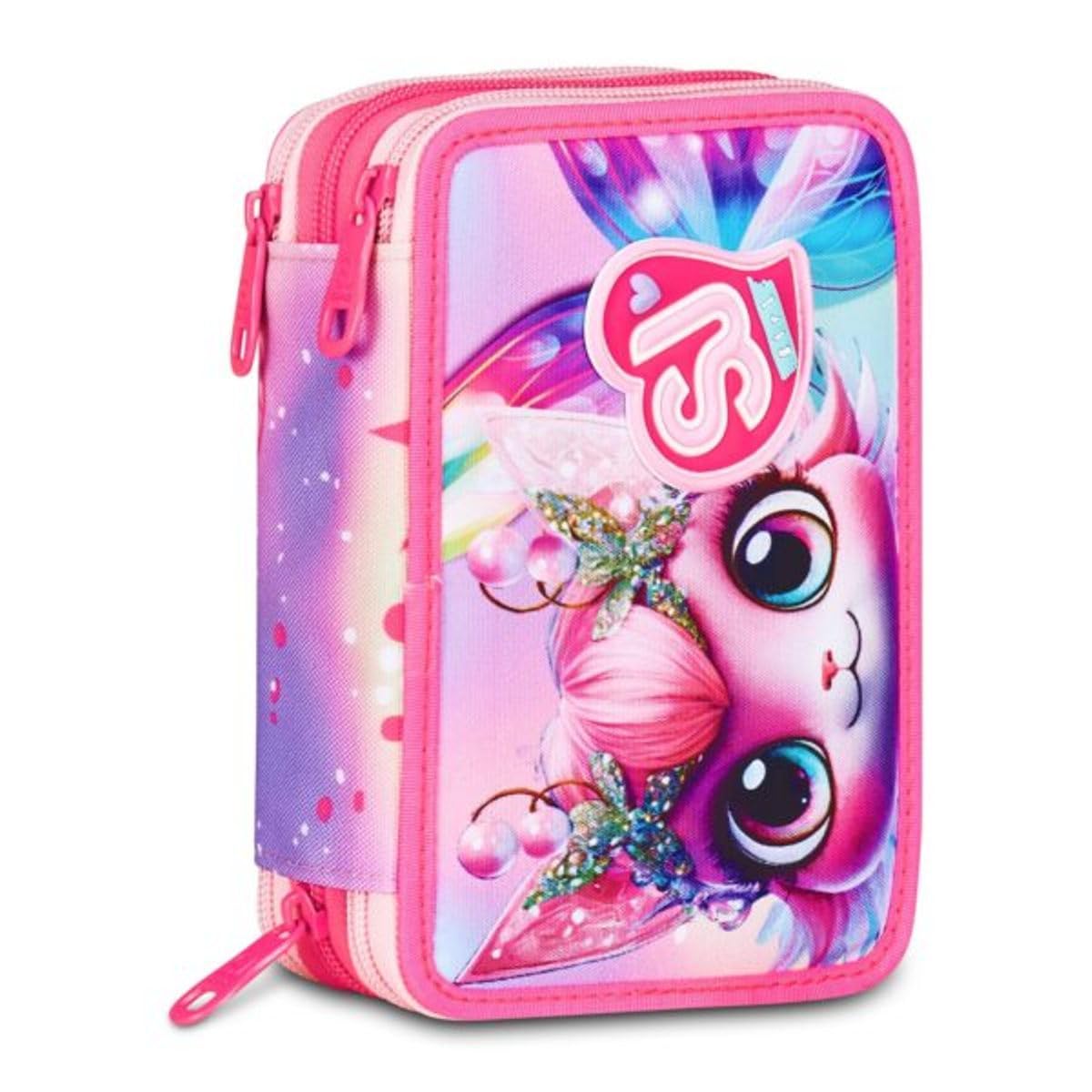 Astuccio scuola Sj girl Gang Seven - Cat Led Gattino - 3 piani completo di cancelleria per bambino + omaggio portachiave paillettes e penna multicolore