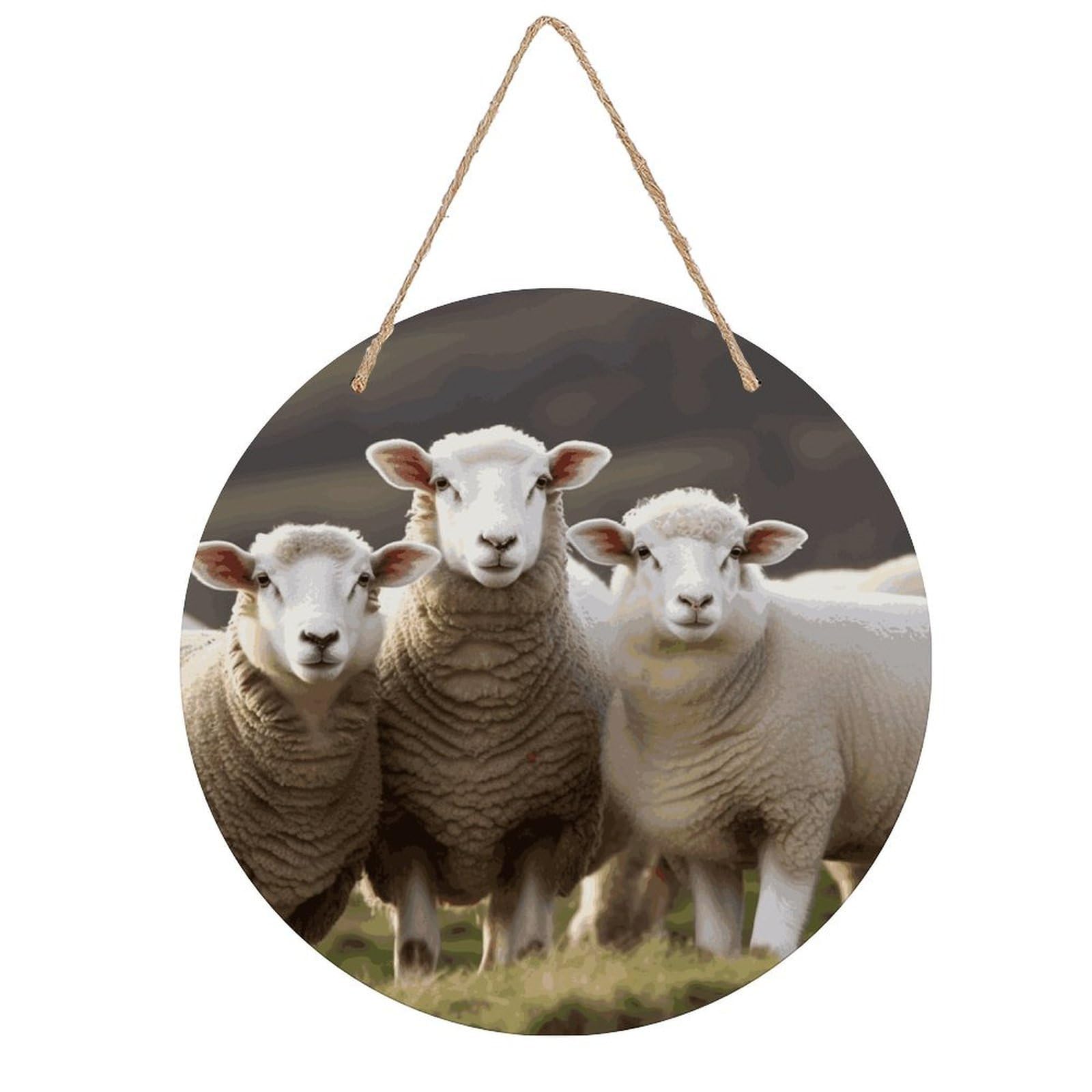 Adfgyerh Style Sheep And Lambs Room Decor，Round Wooden Board Painting，Wall Art，Easy To Hang，Wall Decor ，Suitable For Homes, Offices, Holidays, Bars, Cafes, And Other Venues.