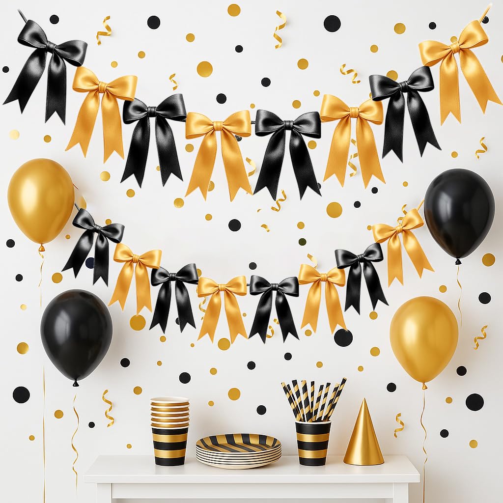 2 Strings of 16PCS Black&amp;Gold Bow Garlands Banner Decoration,Pre-Strung Satin Ribbon Ornaments for Birthday,Bachelorette Party,Bridal Shower,Wedding,Engagement,Baby Shower,Graduation Decor,Anniversary