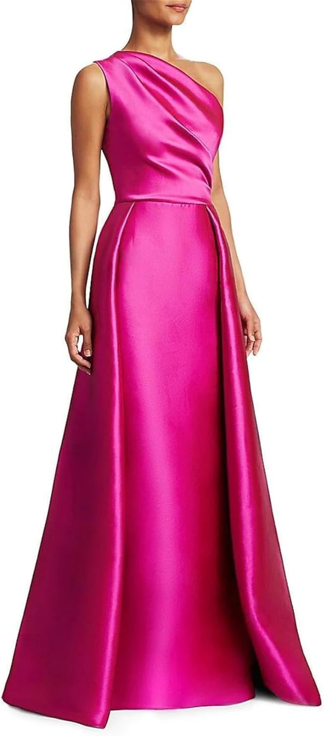 Women's One Shoulder Prom Dresses Long Satin Sleeveless Ruched Ball Gown 2024 Evening Dress with Overskirt