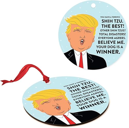 Miniatura 6 de Andaz Press Adorno redondo de madera natural MDF divertido recuerdo del presidente Donald Trump perro árbol de Navidad, You Have a Terrific Shih