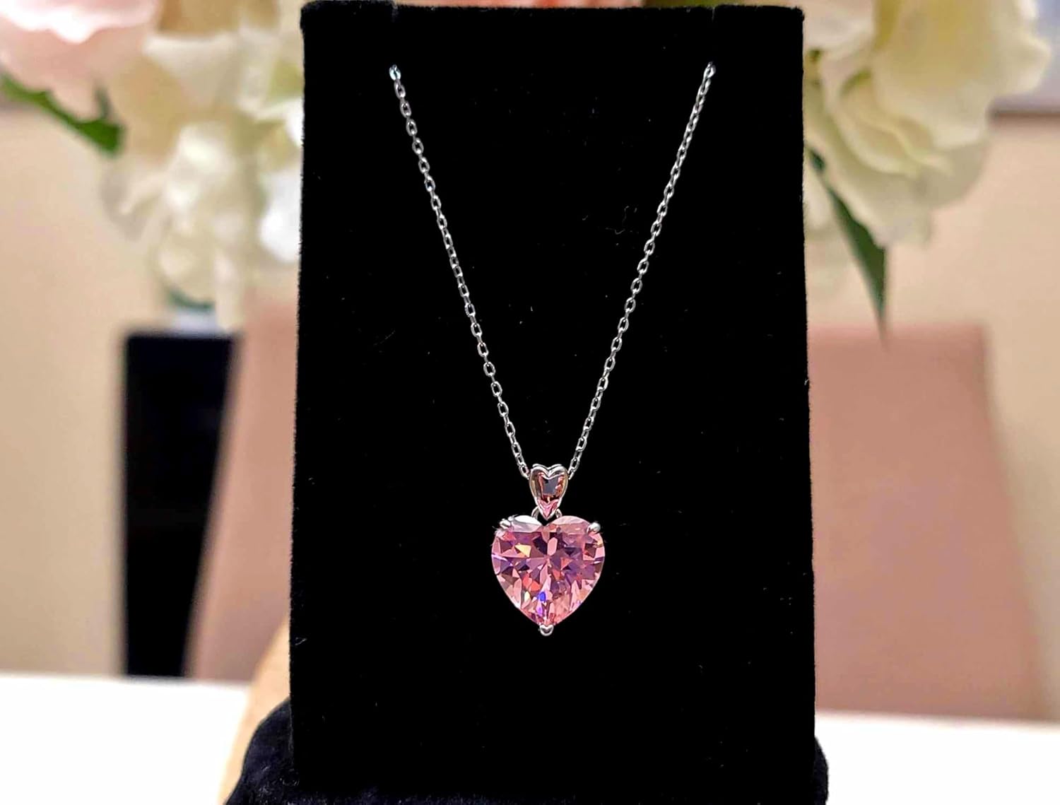 Pink Heart Necklace | 5 Carat Created Pink Diamond Necklace For Women | Genuine 925 Silver Non Tarnish Hypoallergenic 18 Inches