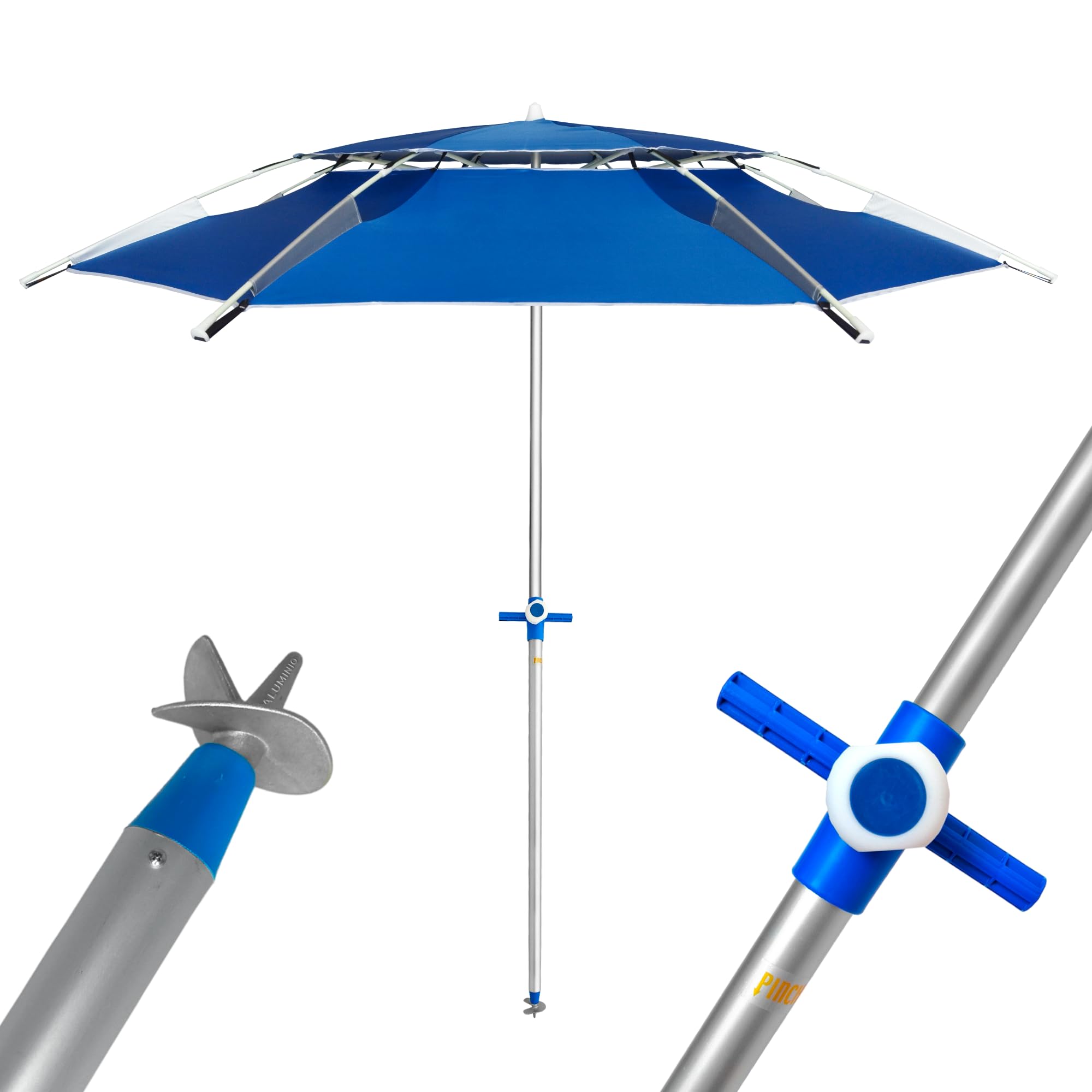 Pincho Sombrilla playa grande 200 cm, antiviento hasta 35km/h, protección uv 50, materiales de calidad, tubo de aluminio, 8 varillas de fibra de vidrio, palo reclinable, incluye bolsa de transporte