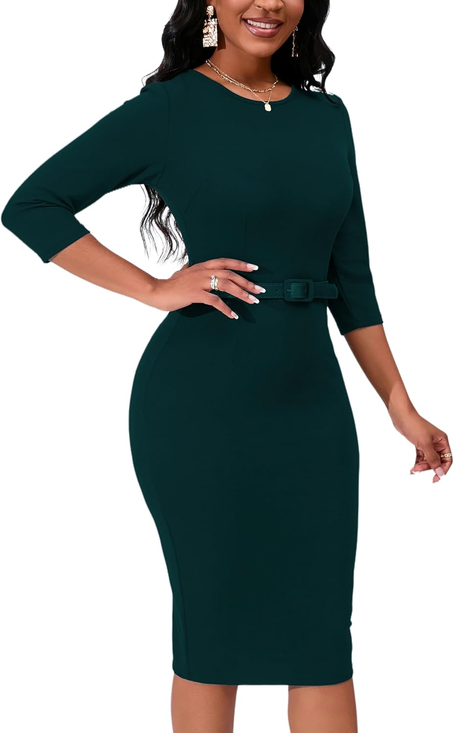 Womens 1950s Vintage Bodycon Pencil Midi Dress 3/4 Sleeve Work Church Knee Length Sheath Dress with Belt Belt - Image 3