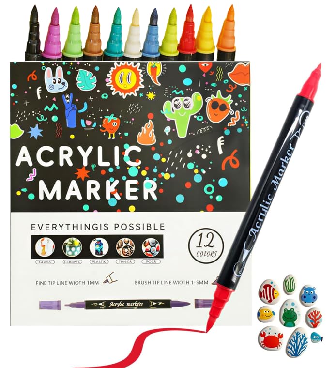 12 Colors Acrylic Paint Pens, Dual Tip Acrylic Marker Pens for Colouring with Brush and Fine Tip, Chalk Markers, Colouring Pens, Art Supplies for Painting on Rock, Wood, Glass, Fabric and Ceramics