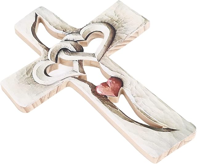 Uxsiya Wooden Cross, Hand Carved Wood Cross Fade Resistant Red Love Cross Wall Hanging Decoration for Living Room Bedroom Office