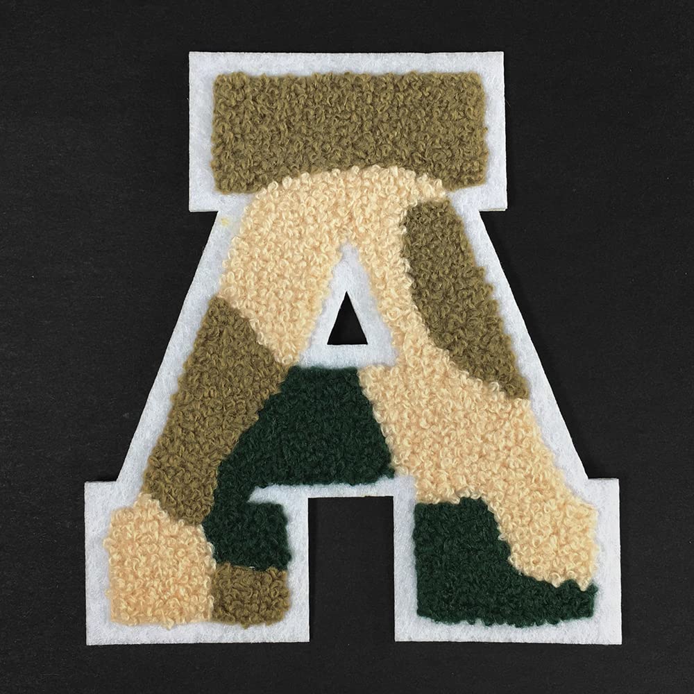 Letter A Chenille Iron-On Patch – Camouflage/White Varsity Style, 4.5 Inch, For Jackets & Hats