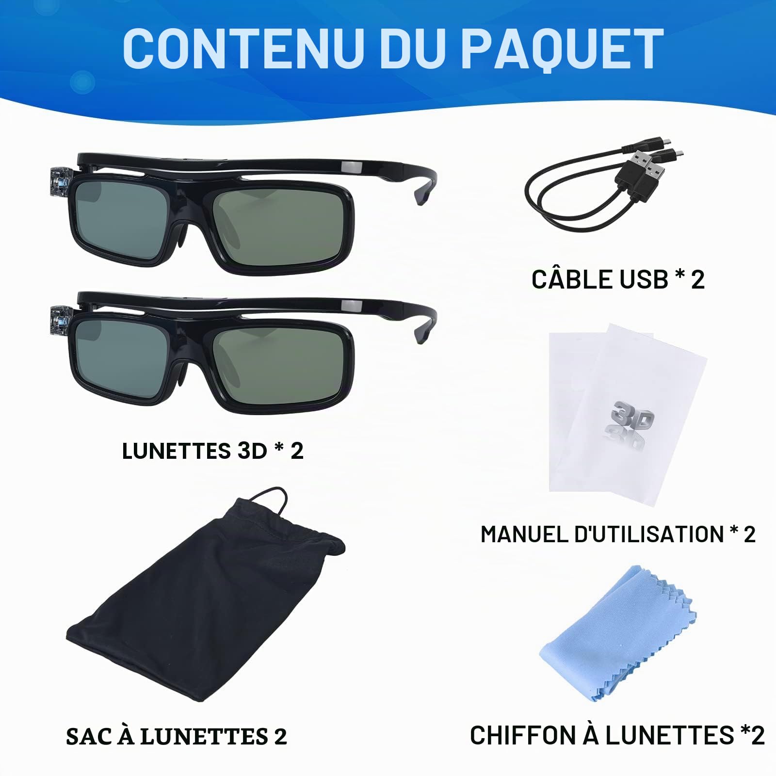 Lot de 2 paires de lunettes 3D à obturation active - Rechargeables - Convient pour projecteur DLP-Link 3D