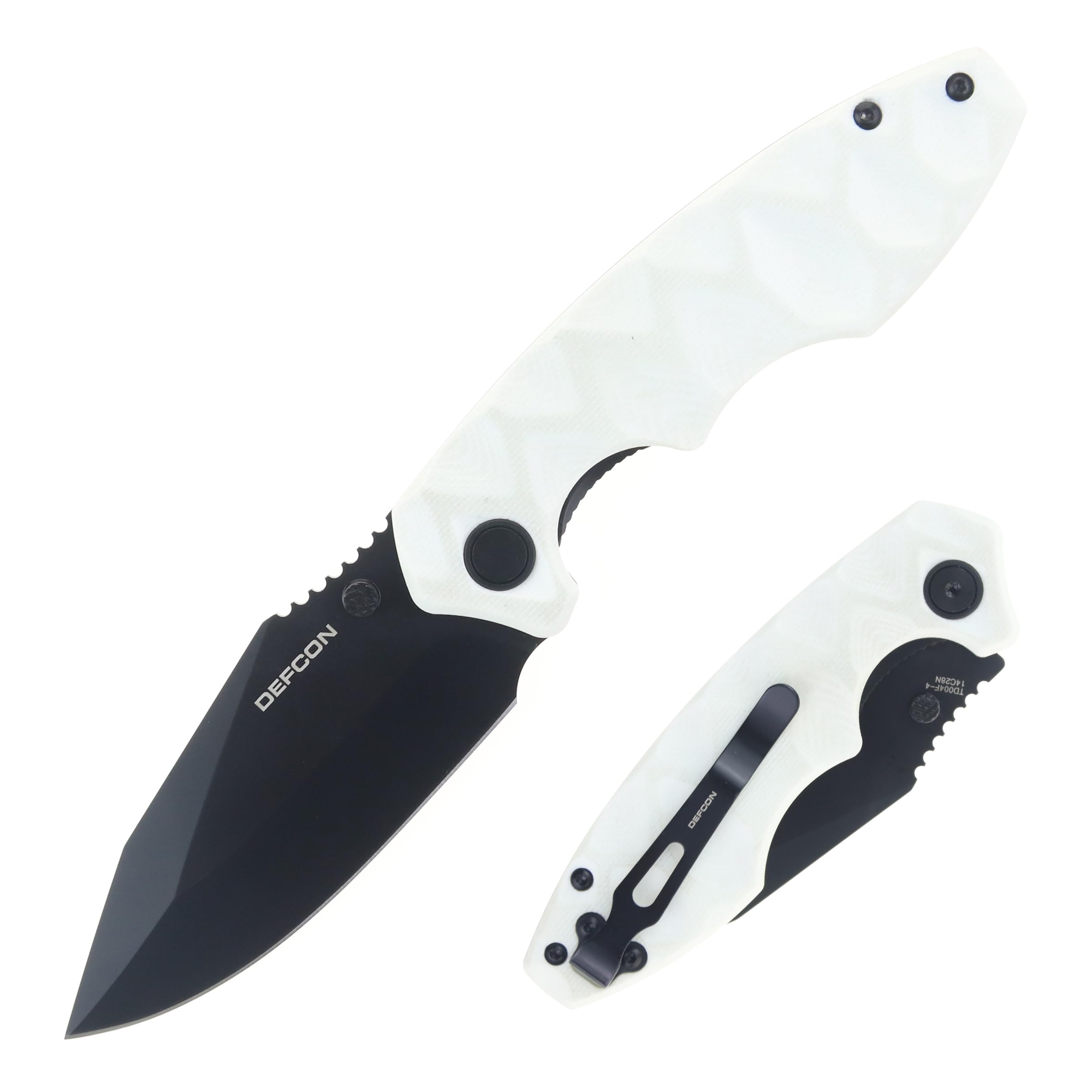 DEFCON Knives REVIVE Folding Knife, 7.5 Inch, G10 Handle, Sandvik 14c28n Steel Blade, Drop Point (White Handle w/Black Blade)