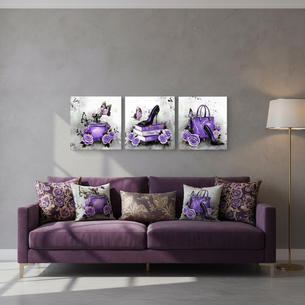 OuElegent Purple Grey Wall Decor Fashion Wall Art Handbag Perfume Pictures Fashion Paintings for Women 12''x12''x3(Purple)