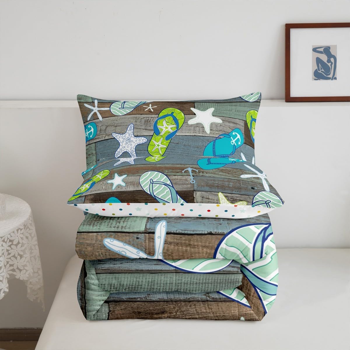 Castle Fairy Beach Hawaiian Style 3 Pcs King Size Comforter Set,Flip Flops Starfish Down Alternative Adults Bedroom Decor,Vintage Blue Grey Wooden Plank Ultra Soft Microfiber Inner Fill 3Pcs Bedding
