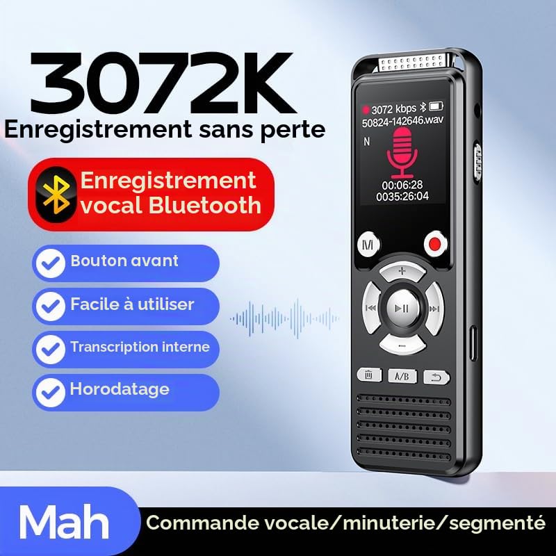 EVISTR Dictaphone numérique 3072Kbps 64 Go Bluetooth avec réduction du bruit Double microphone à activation vocale pour conférences/entretiens/réunions