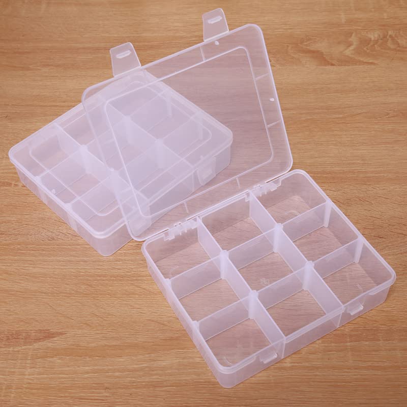 Image of 2 Pcs 9 Grids Clear Organizer Box Plastic Storage Container with Adjustable Dividers for Electronics Jewelry Beads Art DIY Crafts Fishing Small Parts