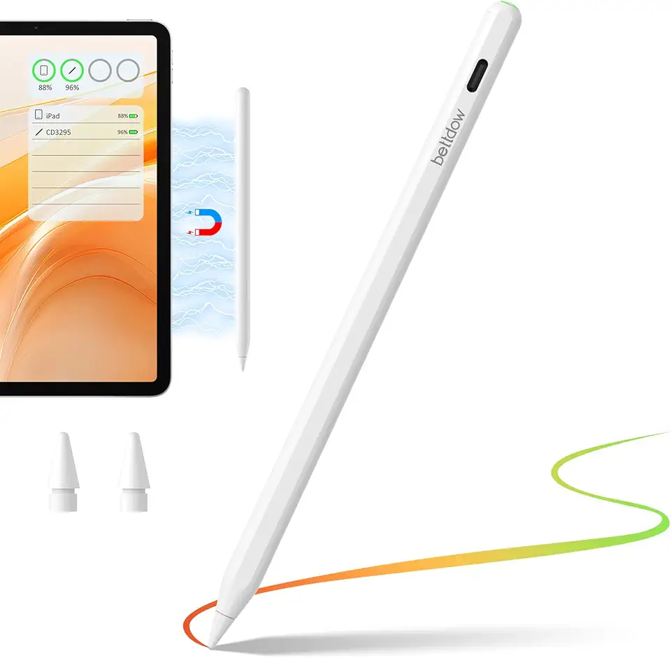 BETTDOW Caneta GD13 Ultra Stylus para iPad 2018-2025, suporta carregamento magnético e carregamento rápido tipo C, indicador de bateria, inclinação de rejeição da palma, lápis magnético compatível com
