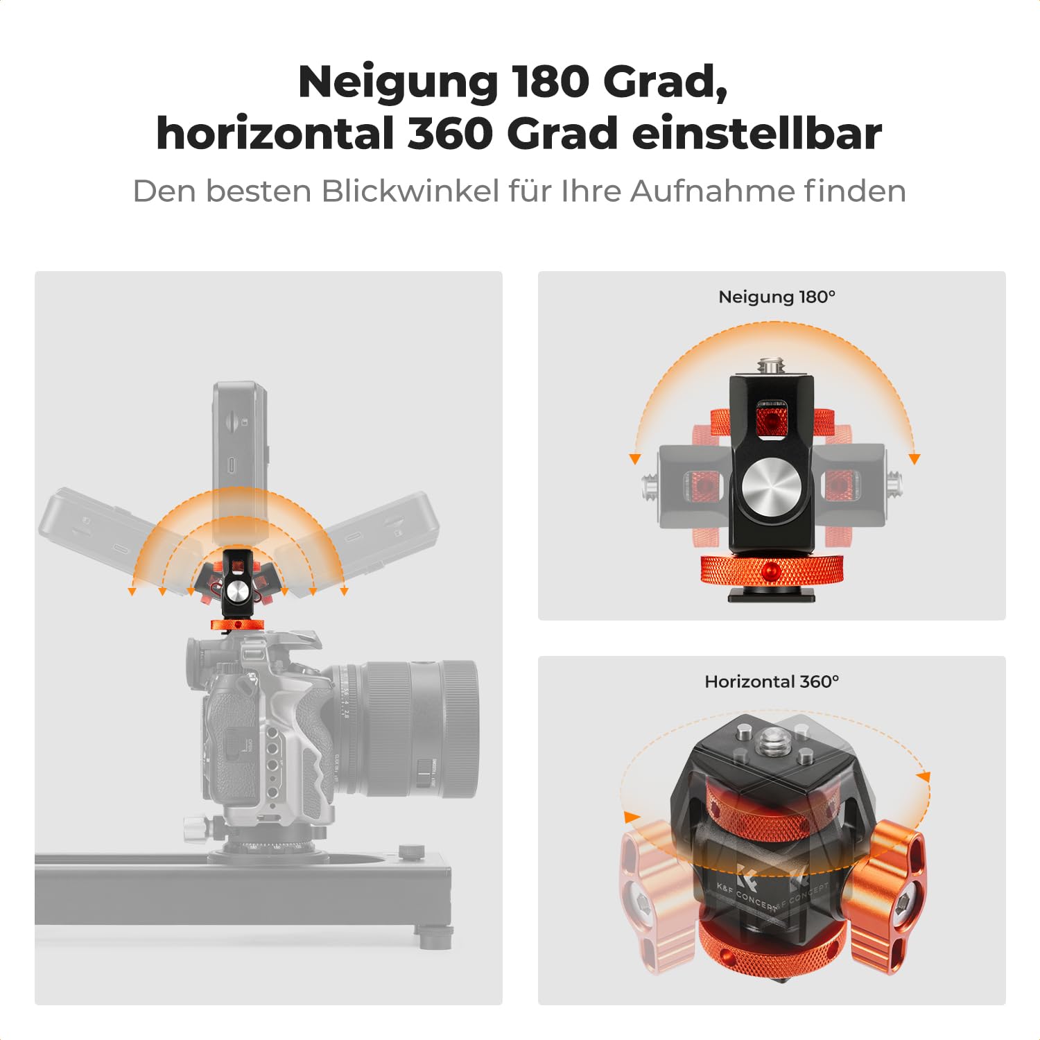 K&F Concept Kamera Monitor Mount mit Kaltschuhadapter, Verstellbarer Monitor Mount halterung, 360° drehbar und 180° neigbar, mit Rändelschraube, Anti-Twist-Design, für blitzschuhadapter und Cage Käfig