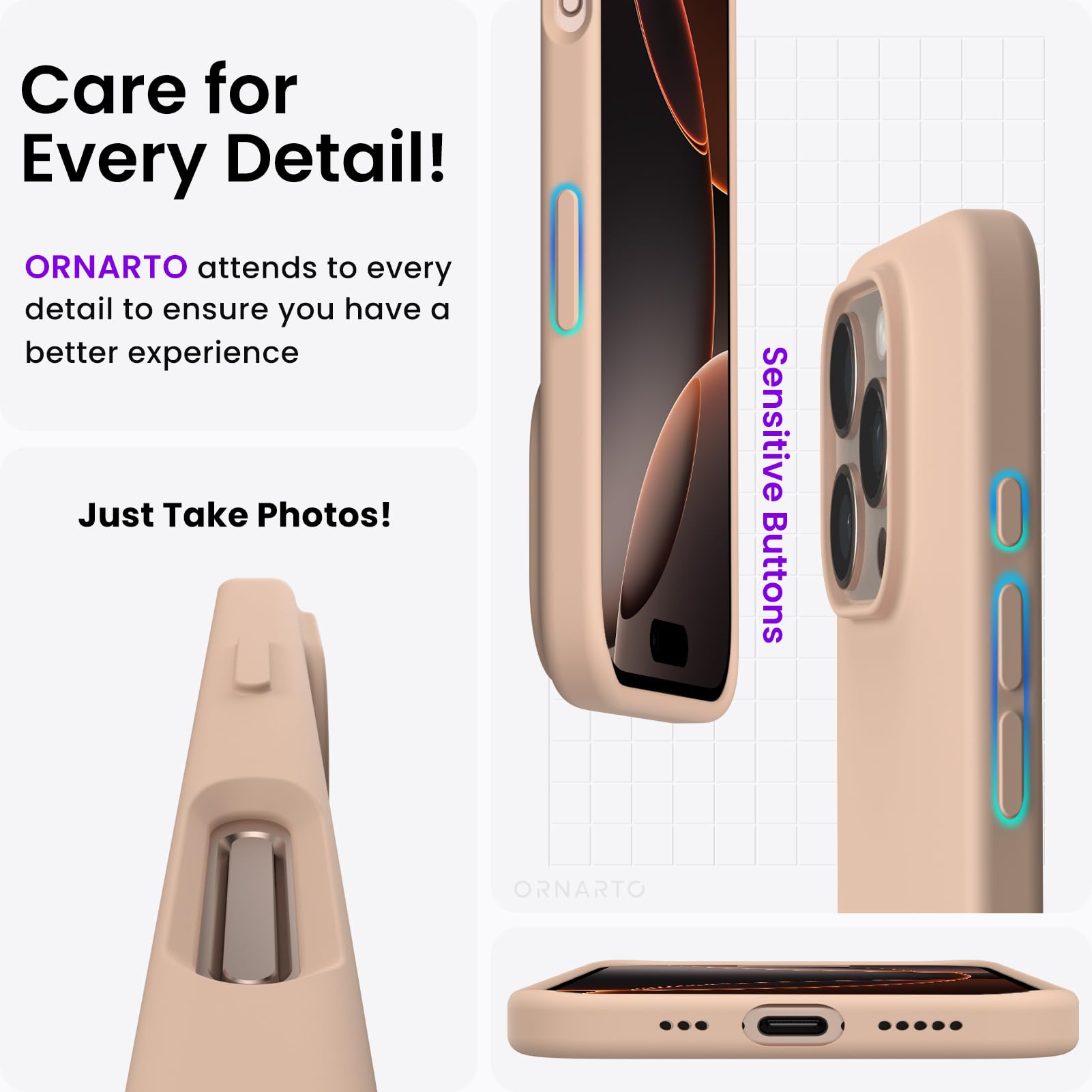 ORNARTO Cover per iPhone 16 Pro Custodia Sottile 6,3 Pollici, Morbido Silicone Liquido Protezione Cover, in Gomma Gel Morbida con Fodera in Microfibra-Marrone Chiaro