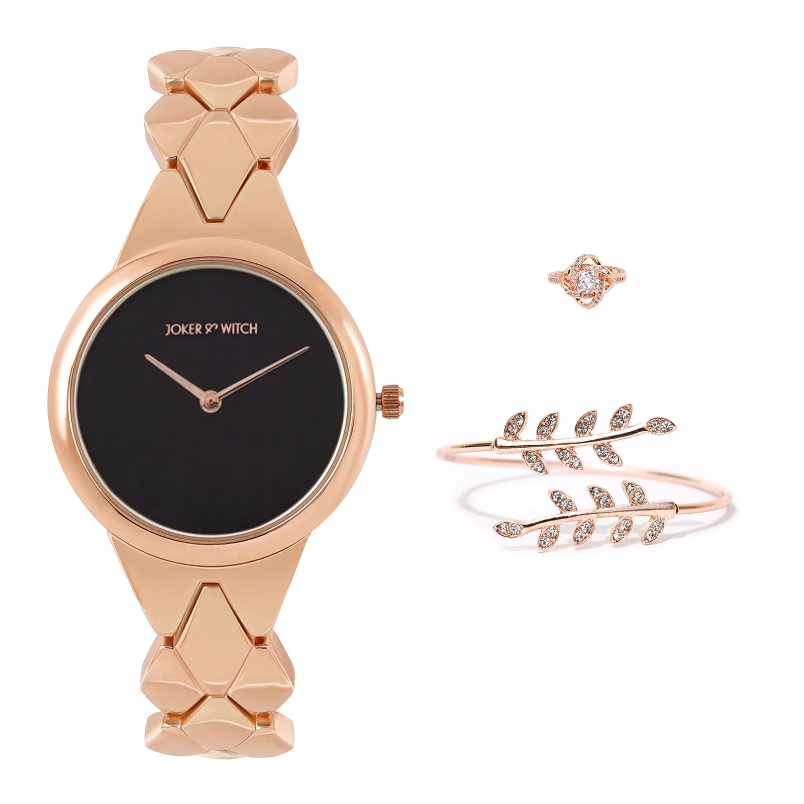 joker & witch Stainless Steel Grecian Goddess Love Triangle Women Analogue Watch Gift Sets, Black Dial, Rose Gold Band-picture-12
