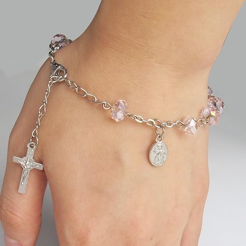 Miniatura 2 de Pulsera Rosarios de Primera Comunión Rosa (12 PCS) - Pulsera de cristal con dije de cáliz/Recuerdos para Primera Comunión Rosarios/Niña Niña