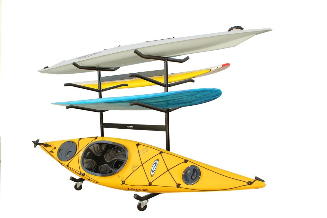 Glacik Freestanding Portable Triple Kayak or SUP Storage Rack, Single-Sided with Heavy-Duty Caster Wheels
