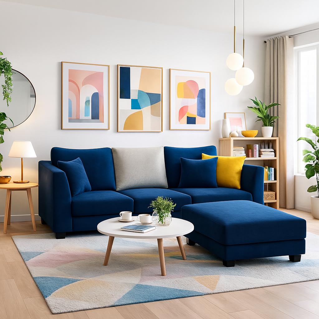 Trevano 3 Seater Modular L Shape Sofa Set with Ottoman | Soft Velvet Suede Fabric | Modern Design | Plush Comfort Cushions for Living Room (Dark Blue-Light Grey) Trevano 3 Seater Modular L Shape Sofa Set with Ottoman | Soft Velvet Suede Fabric | Modern Design | Plush Comfort Cushions for Living Room (Dark Blue-Light Grey)