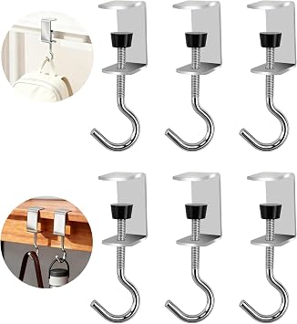 Heavy-Duty Desk Hook Table Clamp Hooks Hanging Bag Backpack, 6 Pcs Metal Rust-Resistant Shelf Hooks, Adjustable Desktop Mounting Hook 6 pcs
