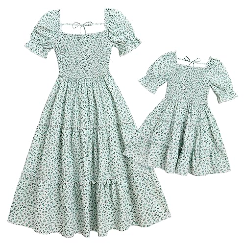 AWIBMK Mommy and Me Dress Summer Casual Floral Print Flutter Sleeve Ruffle Flowy Beach Hawaiian Vacation Dresses